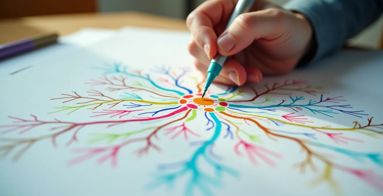 Personne dessinant une carte mentale colorée des intérêts et passions