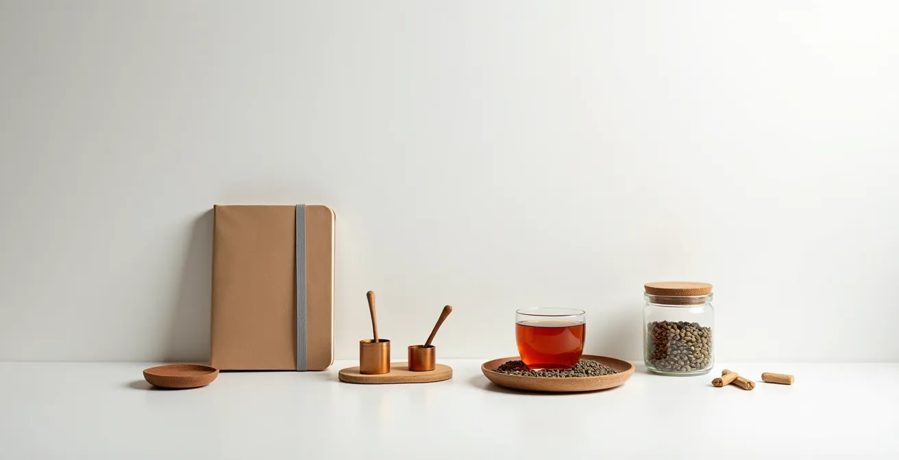 Composition minimaliste d'objets du quotidien arrangés artistiquement