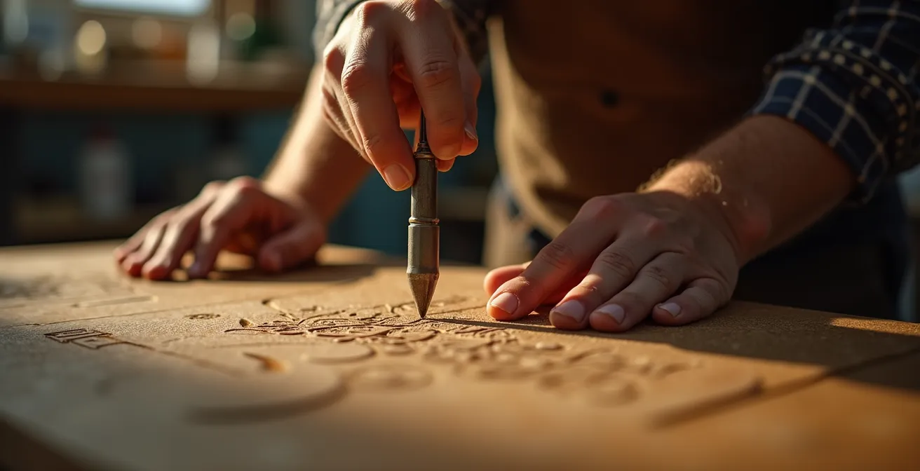 Gros plan sur mains gravant des motifs sur objet artisanal